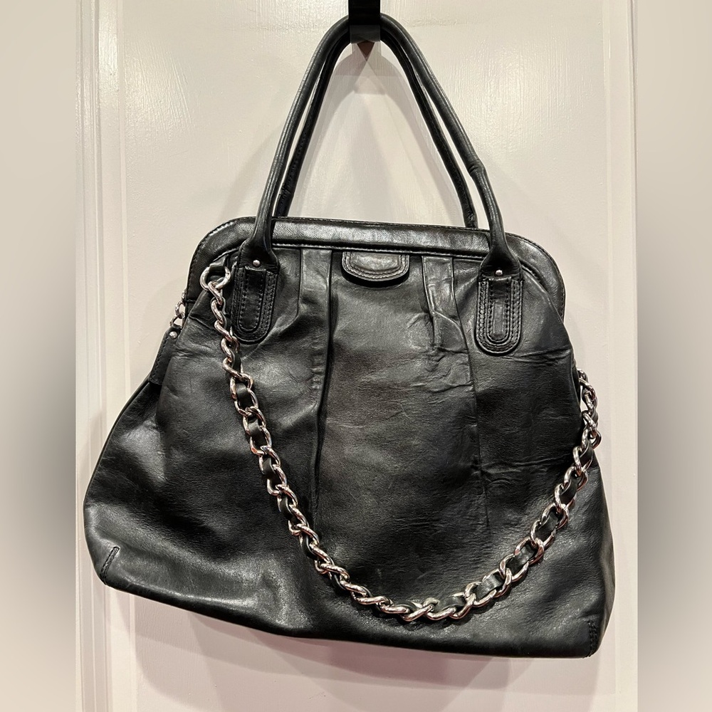 Banana Republic Supple Black Leather Purse Bag With Silver Chain Accents EC